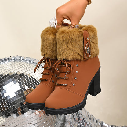 Fluffy Warm Rhinestone Ankle Snow Boots