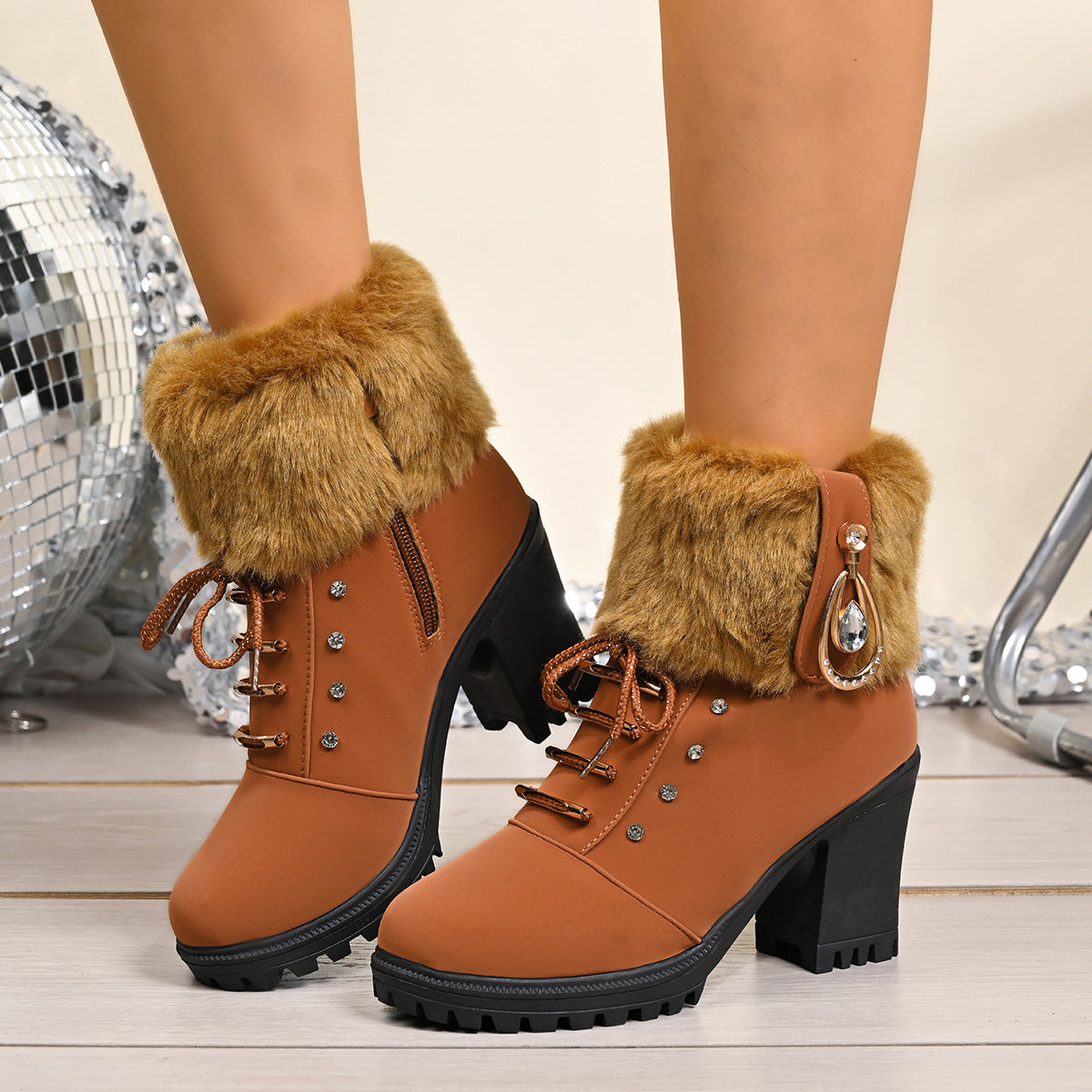 Fluffy Warm Rhinestone Ankle Snow Boots