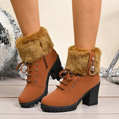 Fluffy Warm Rhinestone Ankle Snow Boots