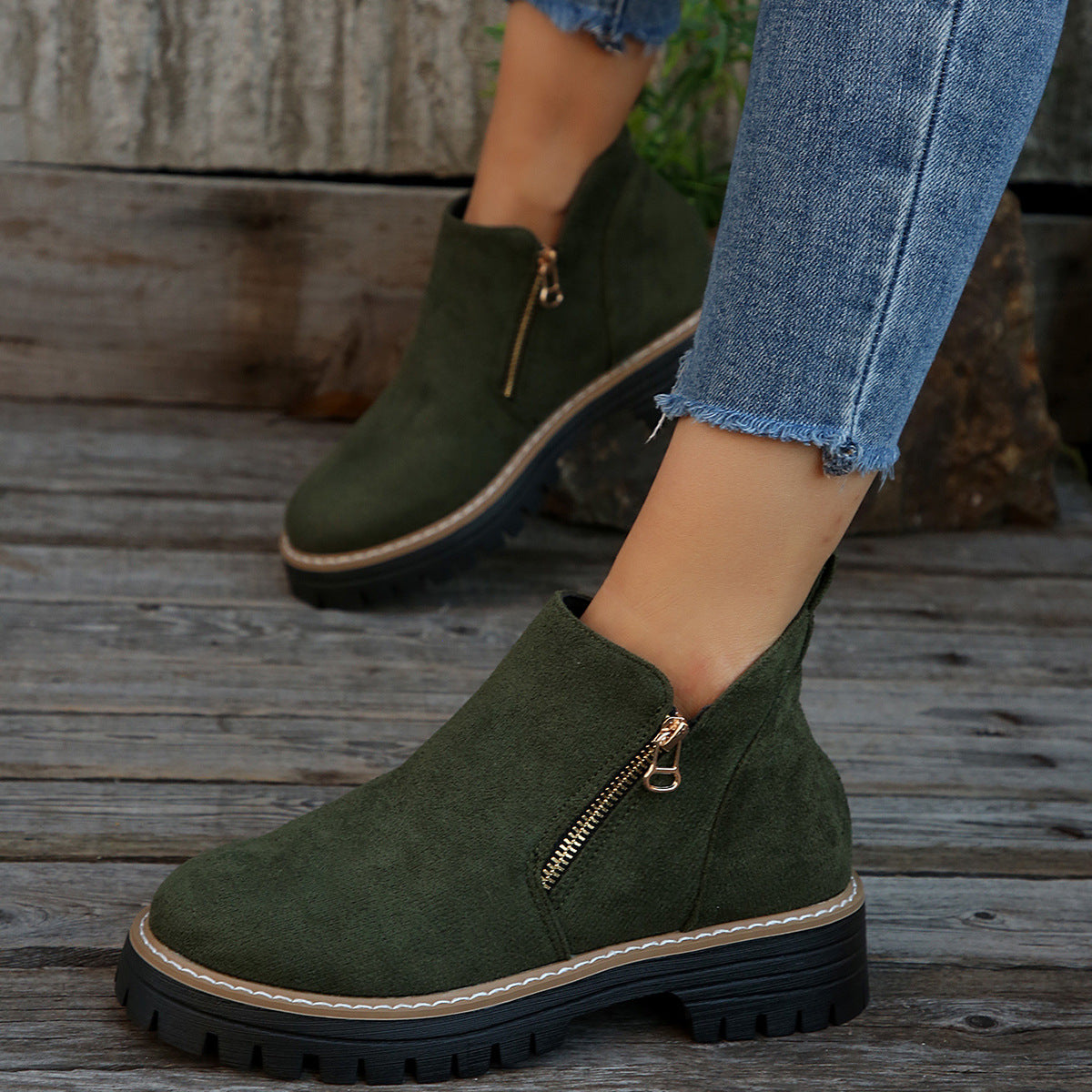 Durable Chunky Sole Zipper Design Ankle Boot