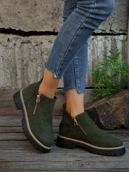 Durable Chunky Sole Zipper Design Ankle Boot
