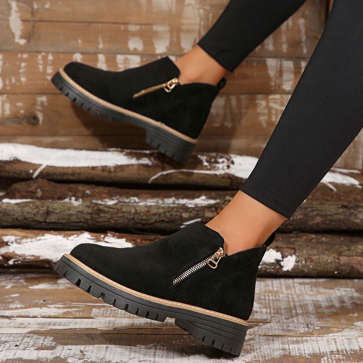 Durable Chunky Sole Zipper Design Ankle Boot
