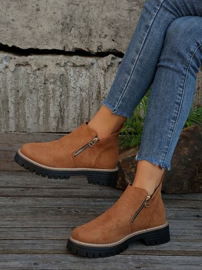 Durable Chunky Sole Zipper Design Ankle Boot