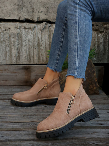 Durable Chunky Sole Zipper Design Ankle Boot