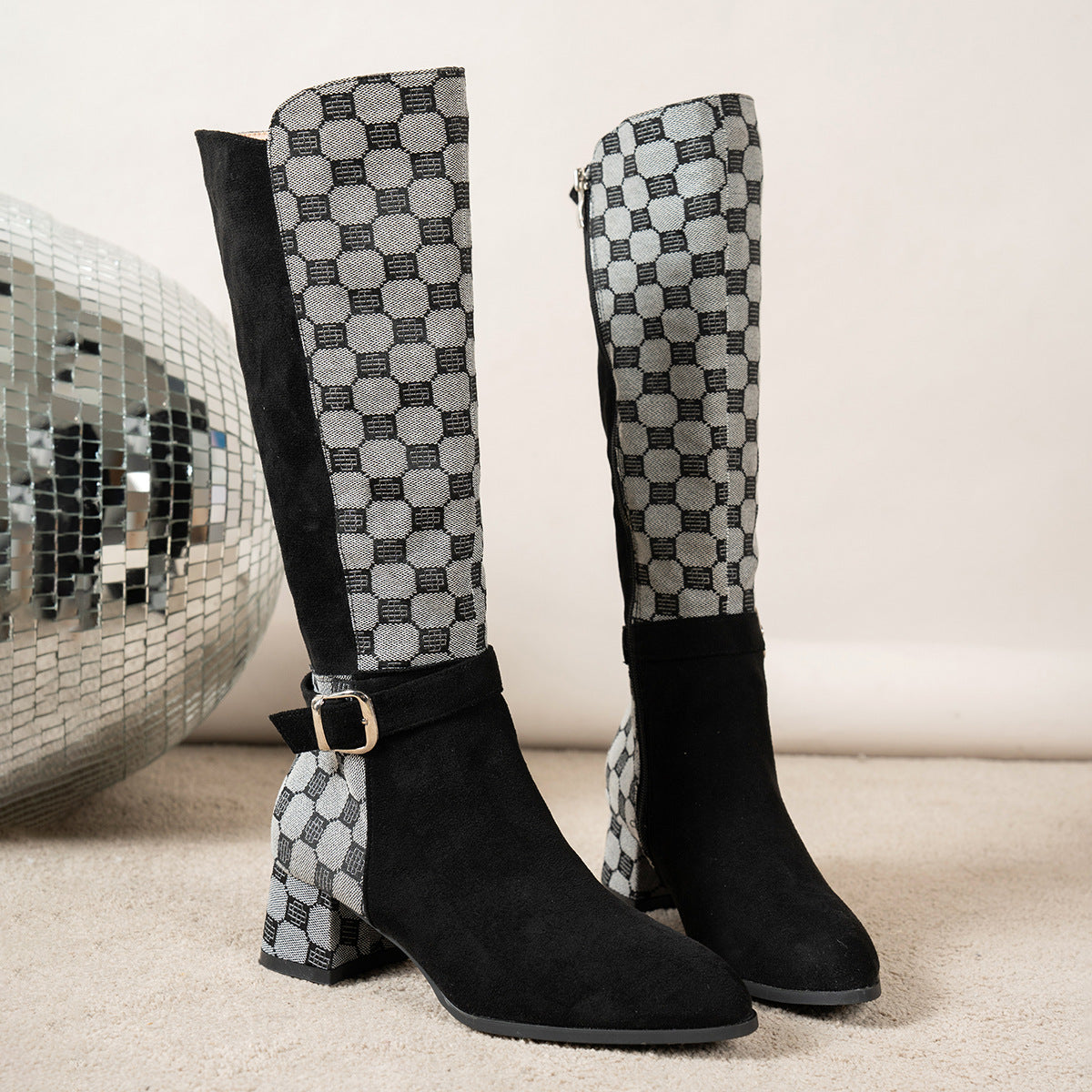 Buckled Design Chunky Heel Roomy Knee Boot