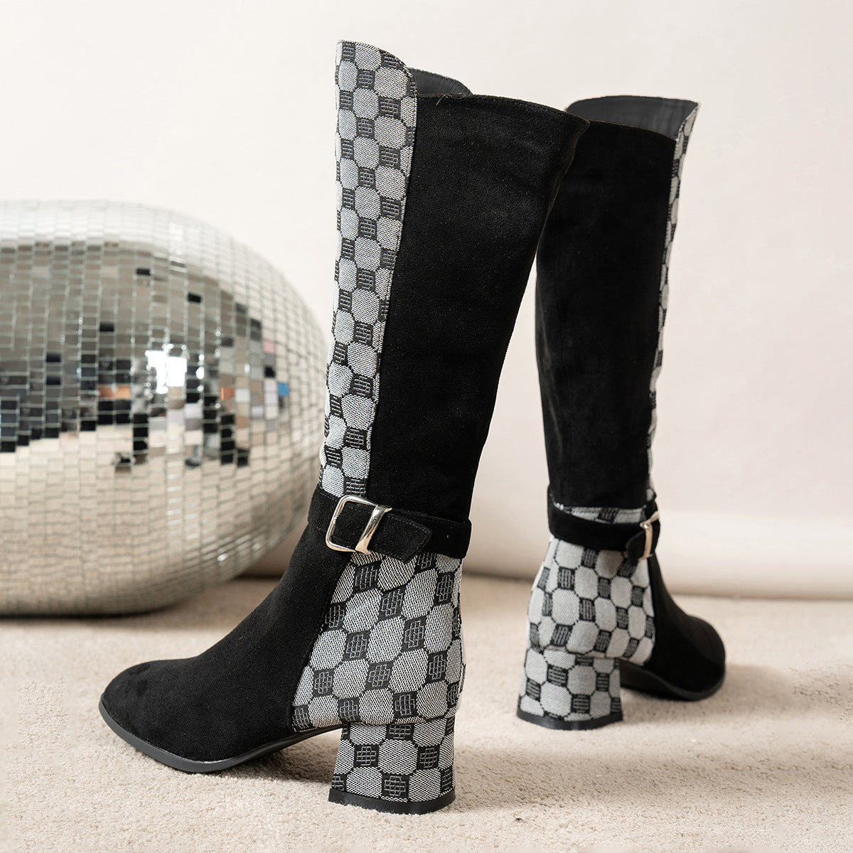 Buckled Design Chunky Heel Roomy Knee Boot