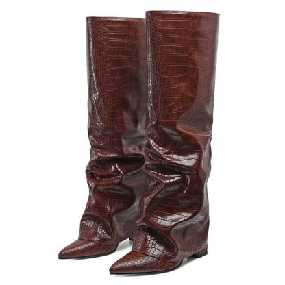 Crocodile Pattern Pointed Toe Chunky Heel Knee-High Boots