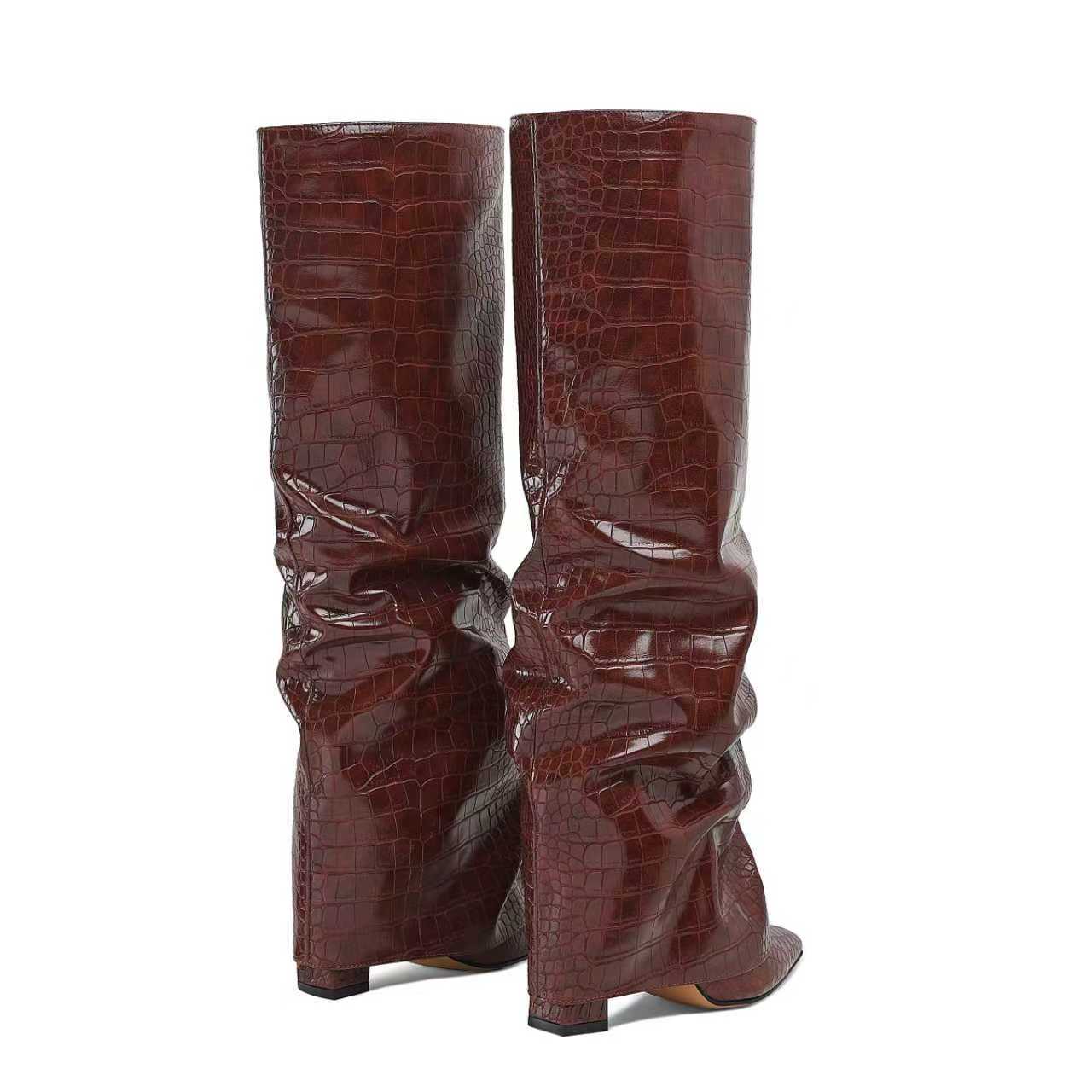 Crocodile Pattern Pointed Toe Chunky Heel Knee-High Boots