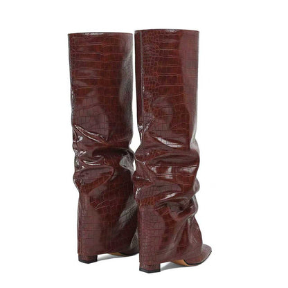 Crocodile Pattern Pointed Toe Chunky Heel Knee-High Boots