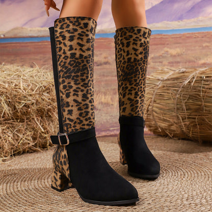 Pointed-toe Leopard Print Belt Buckle High Boots