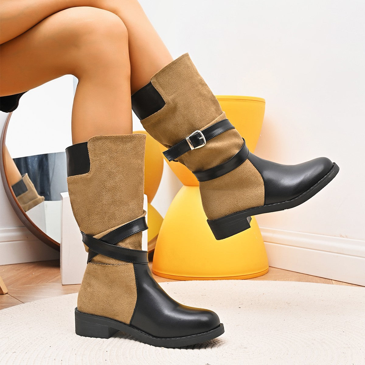 Chunky Heel Color-blocked Metal Buckle Embellished Boots