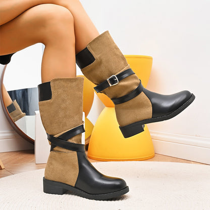 Chunky Heel Color-blocked Metal Buckle Embellished Boots
