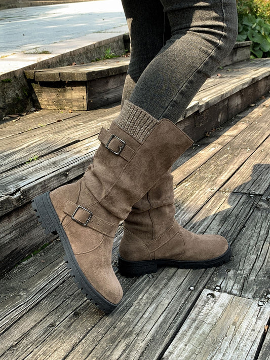 Suede Plush Lined Round Toe Chunky Heel Belt Buckle Knee Boots