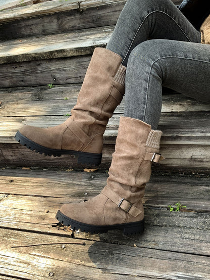 Suede Plush Lined Round Toe Chunky Heel Belt Buckle Knee Boots
