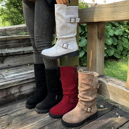 Suede Plush Lined Round Toe Chunky Heel Belt Buckle Knee Boots