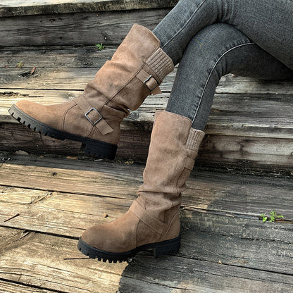 Suede Plush Lined Round Toe Chunky Heel Belt Buckle Knee Boots