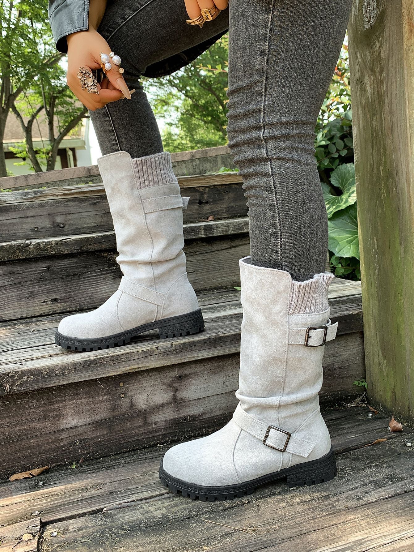 Suede Plush Lined Round Toe Chunky Heel Belt Buckle Knee Boots