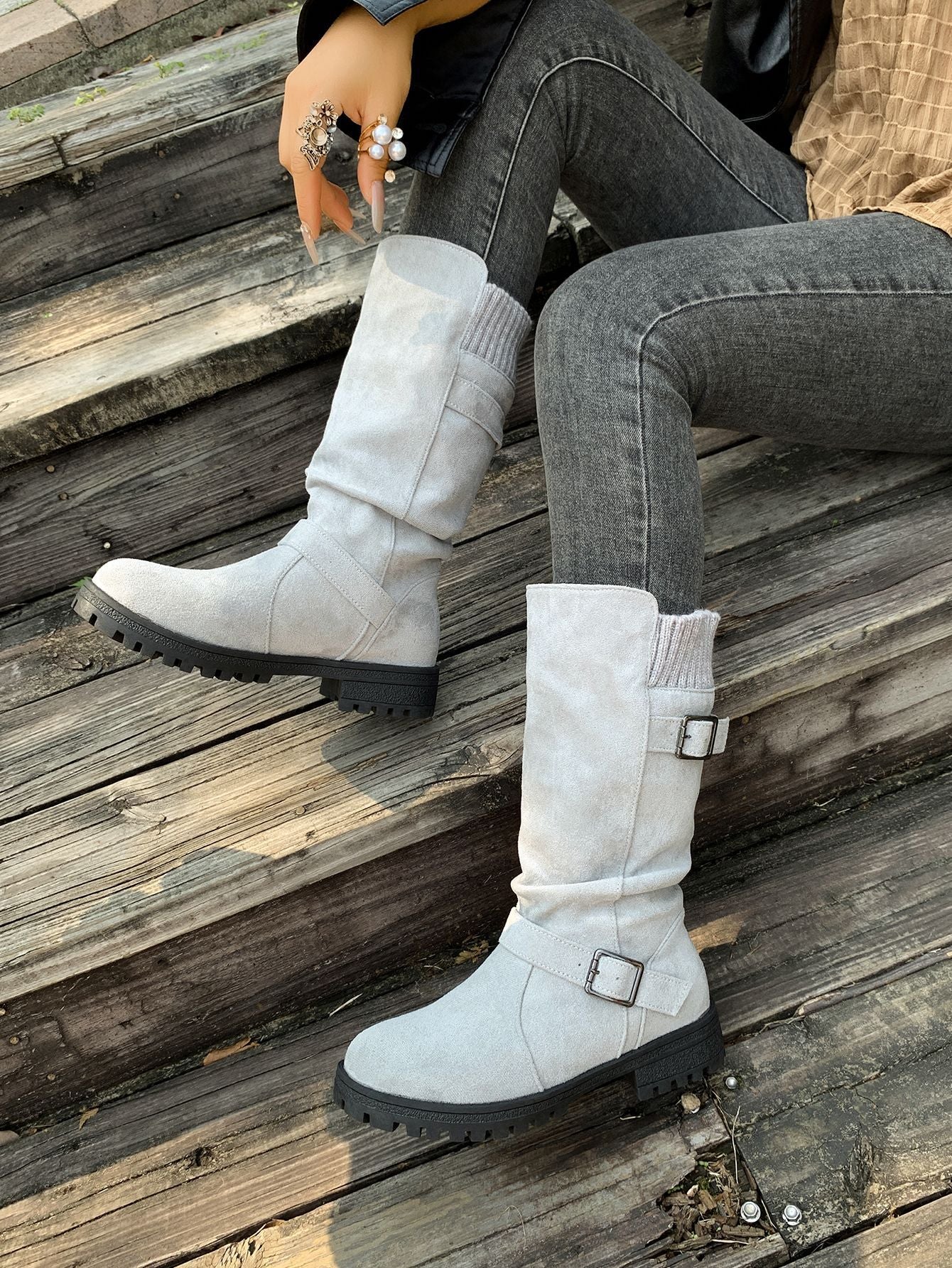 Suede Plush Lined Round Toe Chunky Heel Belt Buckle Knee Boots