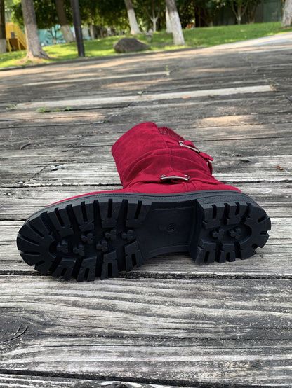 Suede Plush Lined Round Toe Chunky Heel Belt Buckle Knee Boots