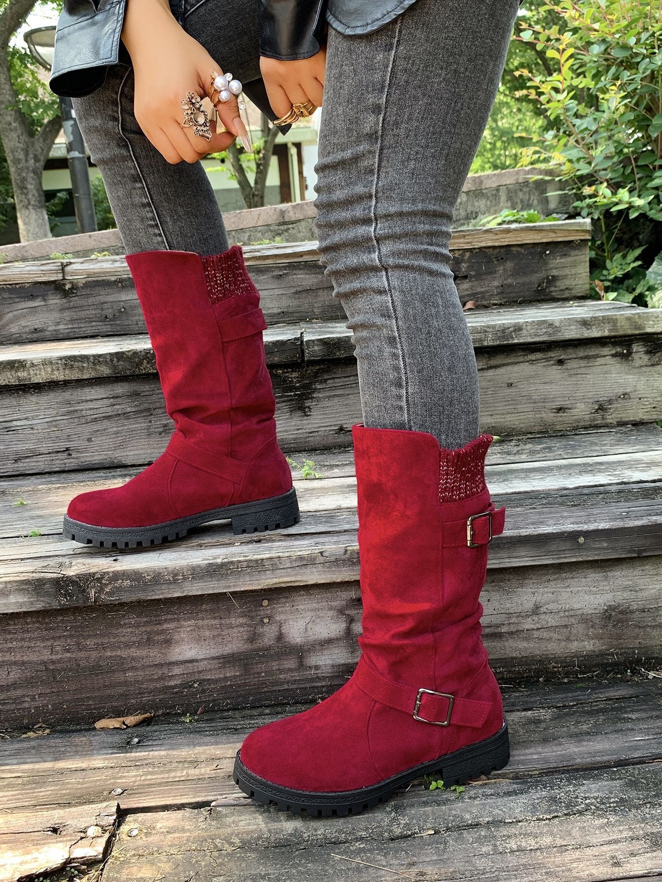 Suede Plush Lined Round Toe Chunky Heel Belt Buckle Knee Boots