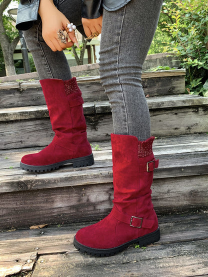 Suede Plush Lined Round Toe Chunky Heel Belt Buckle Knee Boots