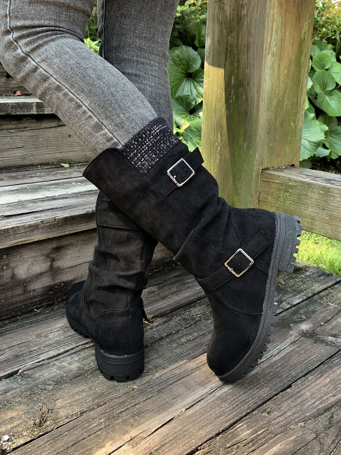 Suede Plush Lined Round Toe Chunky Heel Belt Buckle Knee Boots