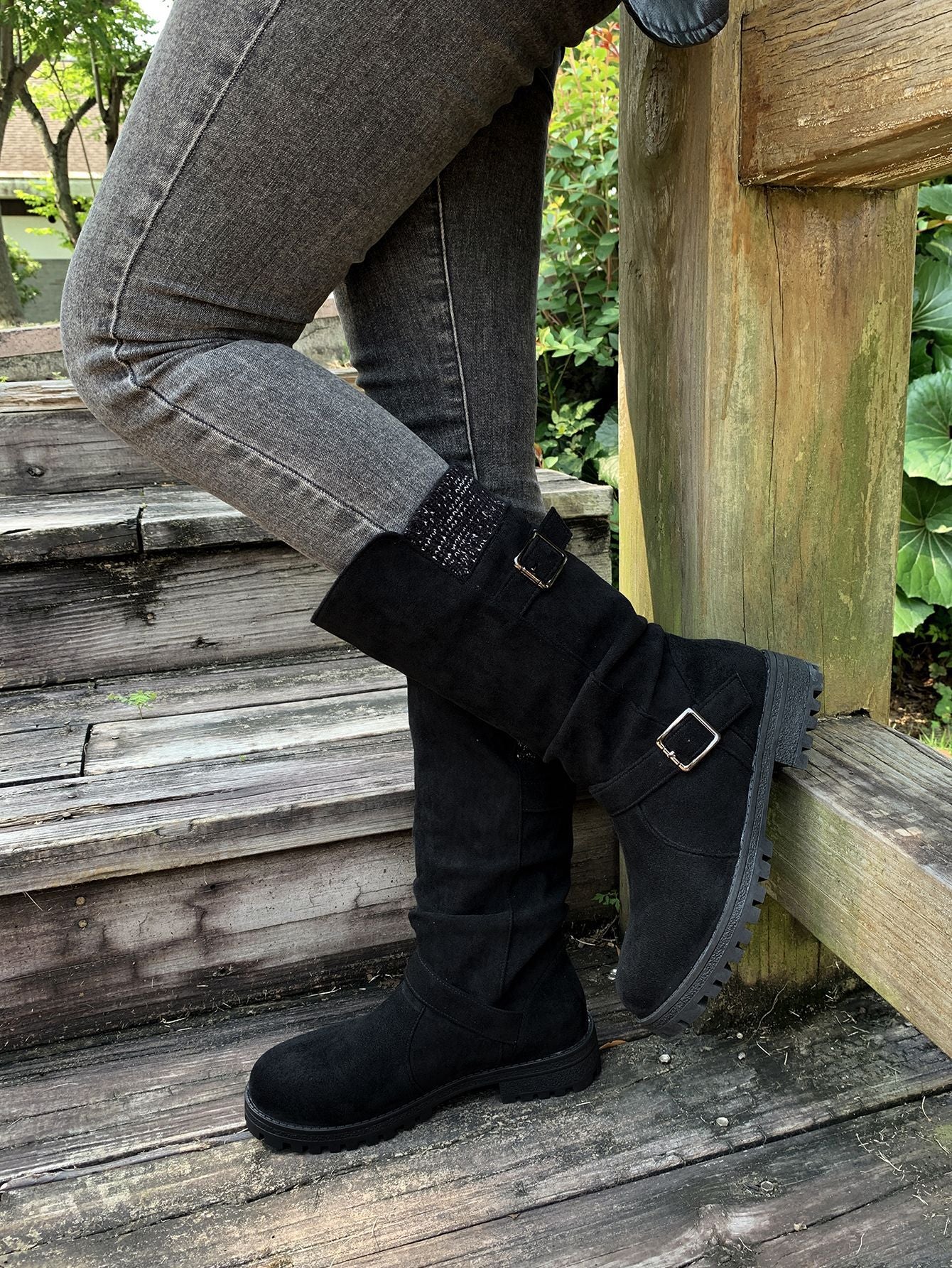 Suede Plush Lined Round Toe Chunky Heel Belt Buckle Knee Boots