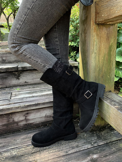 Suede Plush Lined Round Toe Chunky Heel Belt Buckle Knee Boots