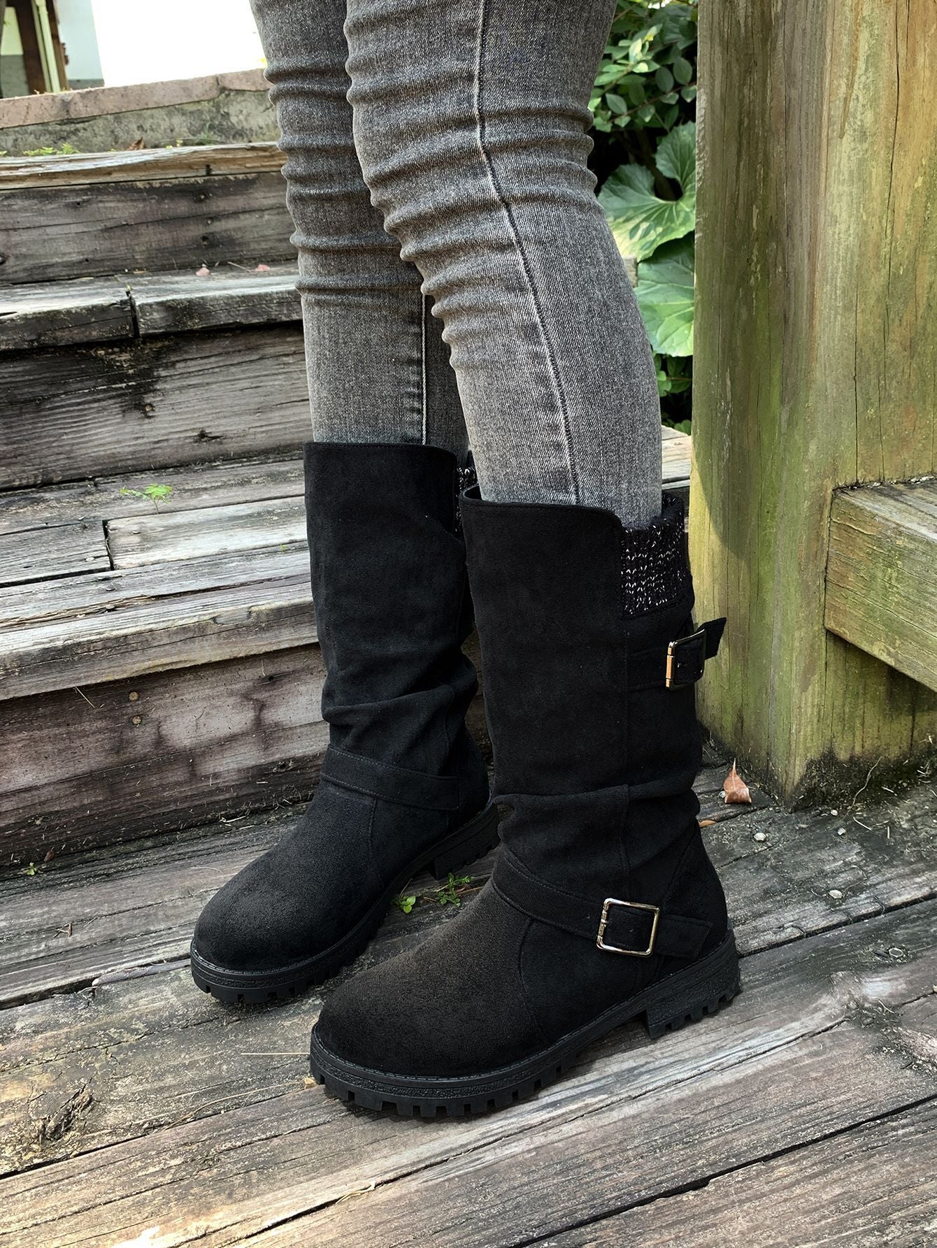 Suede Plush Lined Round Toe Chunky Heel Belt Buckle Knee Boots