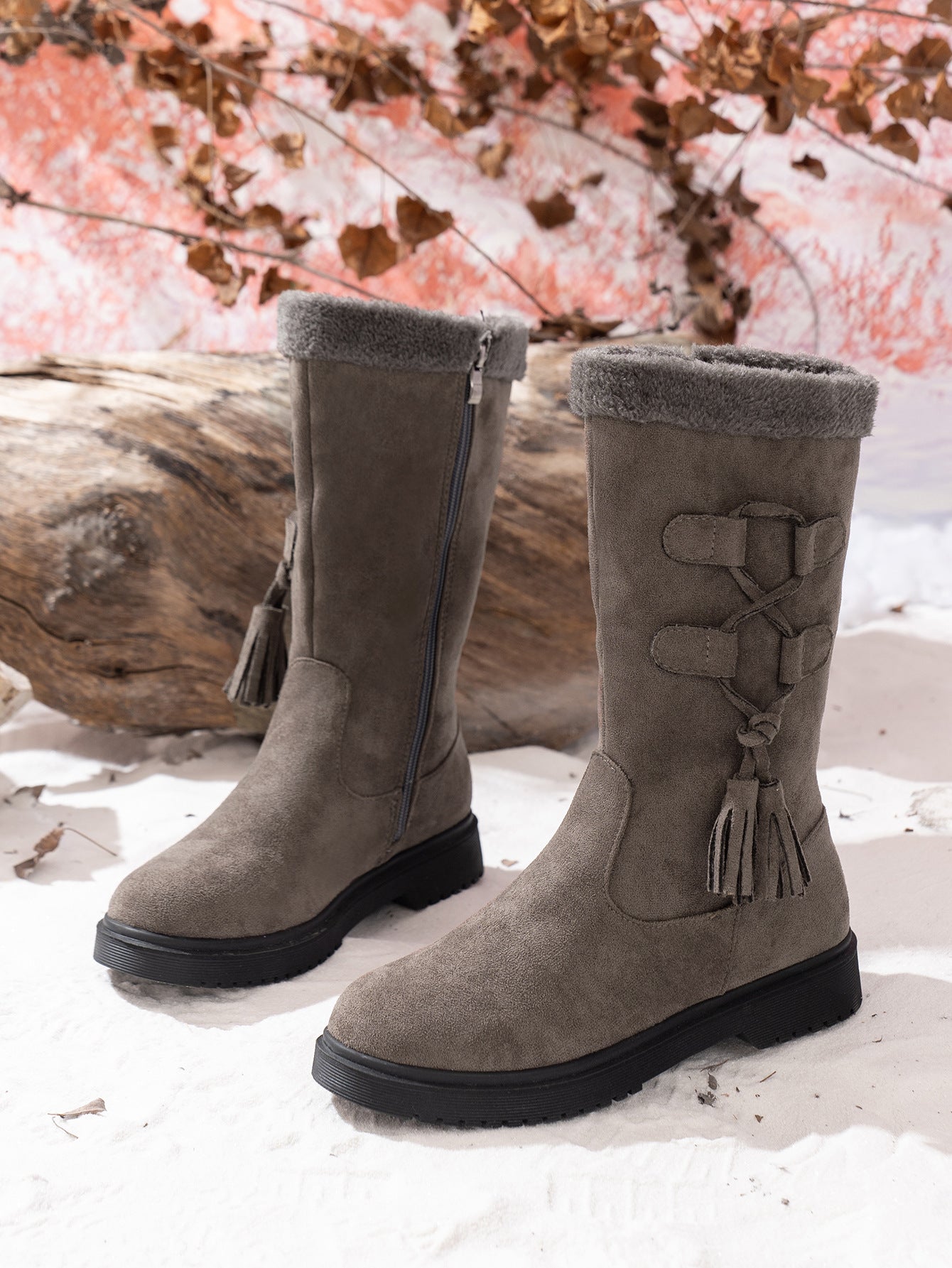 Tassel Square Heel Zipper Mid-Calf Boots