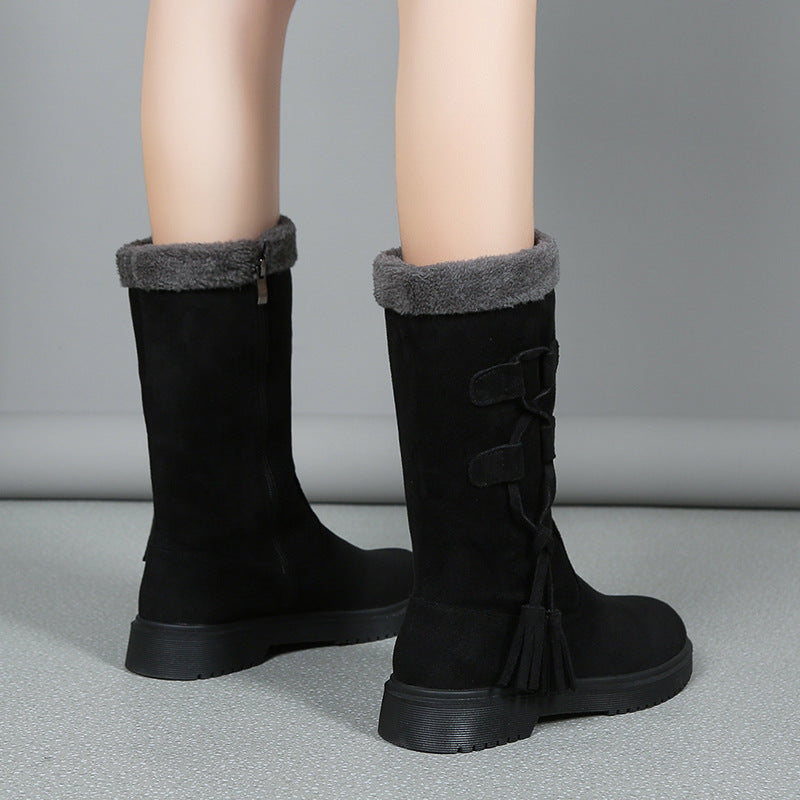 Tassel Square Heel Zipper Mid-Calf Boots