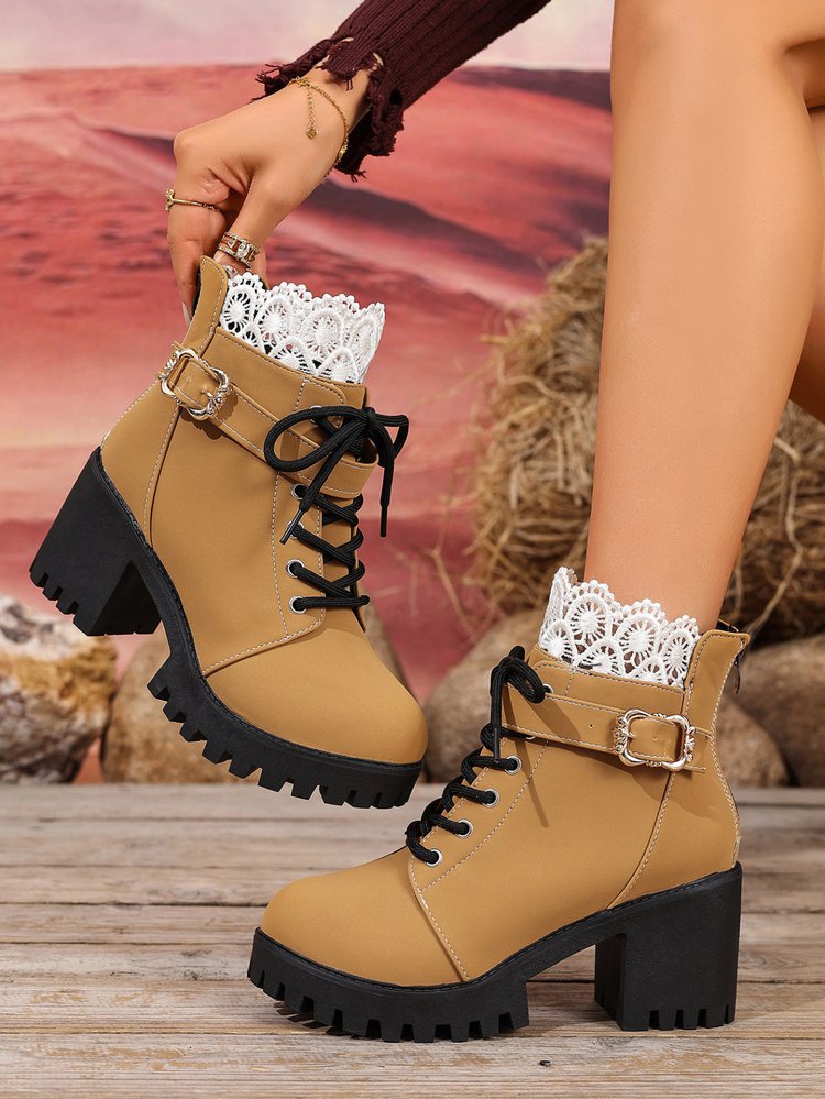 Lace-up Buckle Lace-trimmed Chunky Heeled Combat Boots