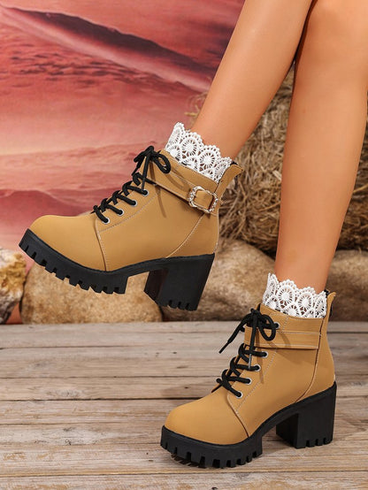 Lace-up Buckle Lace-trimmed Chunky Heeled Combat Boots