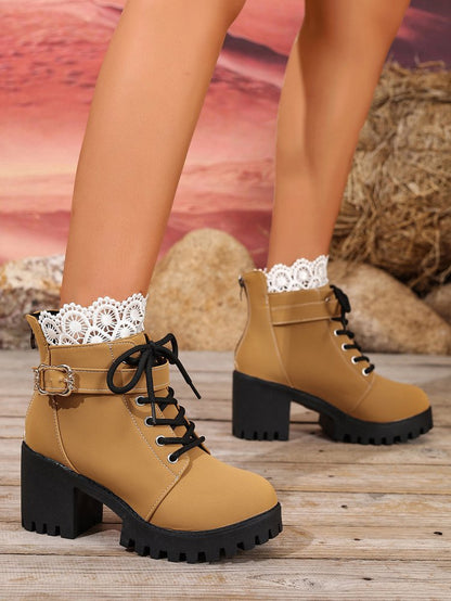 Lace-up Buckle Lace-trimmed Chunky Heeled Combat Boots
