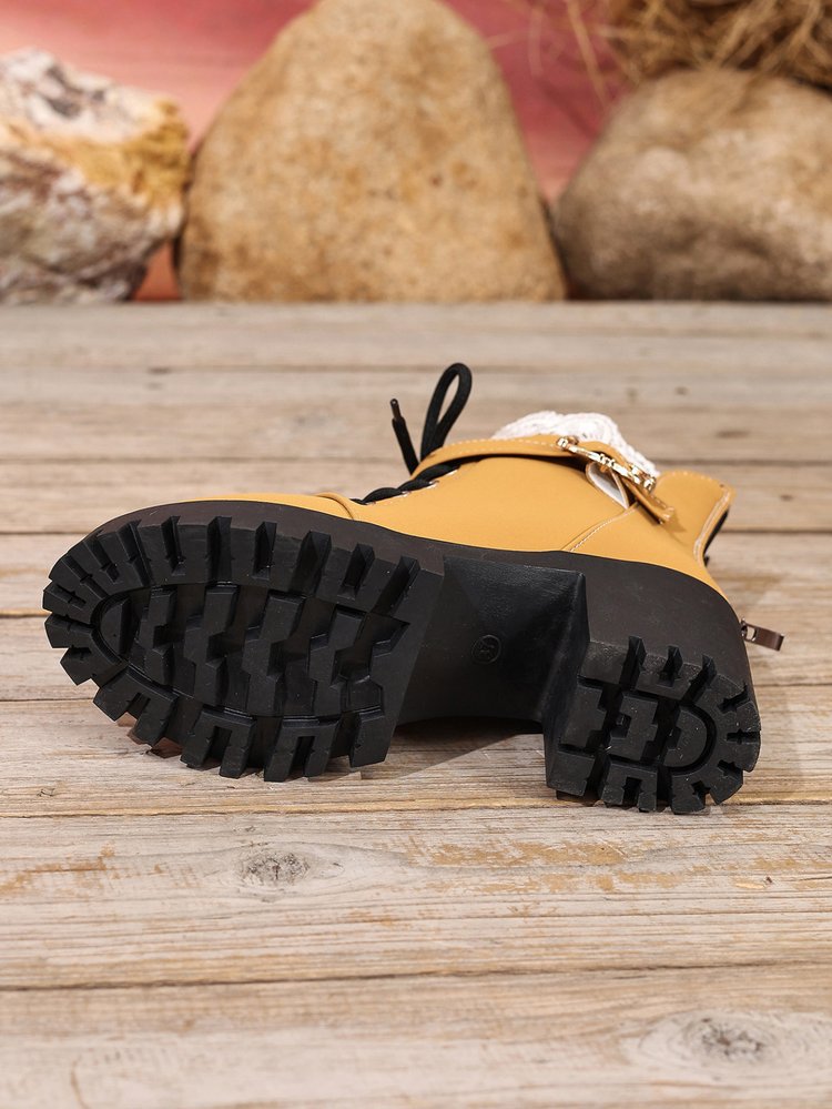 Lace-up Buckle Lace-trimmed Chunky Heeled Combat Boots