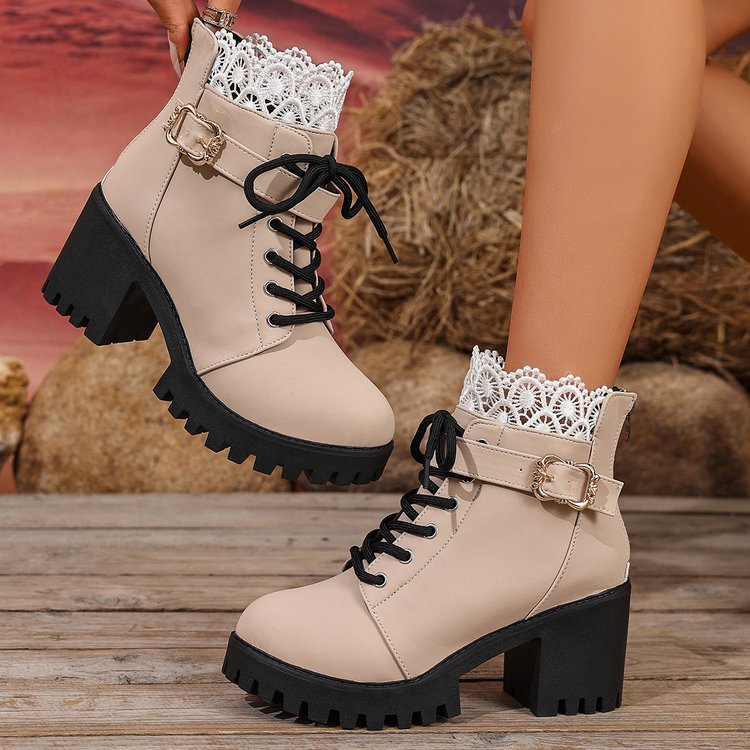 Lace-up Buckle Lace-trimmed Chunky Heeled Combat Boots