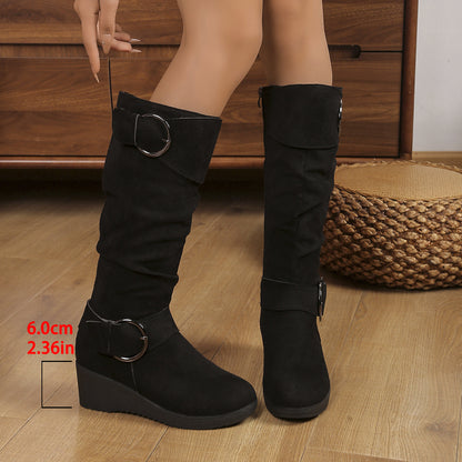 Buckle Side Zipper Suede Platform Wedge Boot