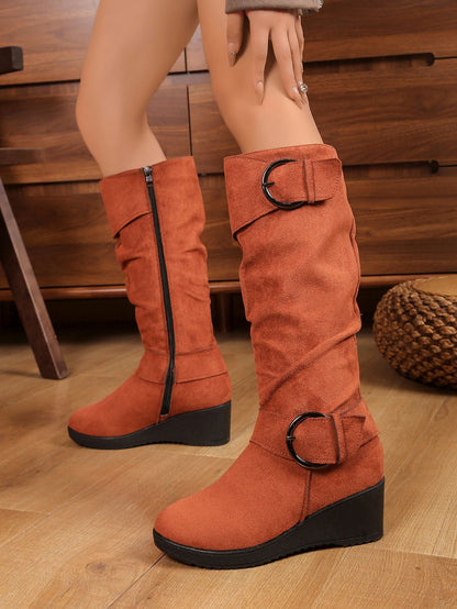 Buckle Side Zipper Suede Platform Wedge Boot