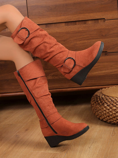 Buckle Side Zipper Suede Platform Wedge Boot
