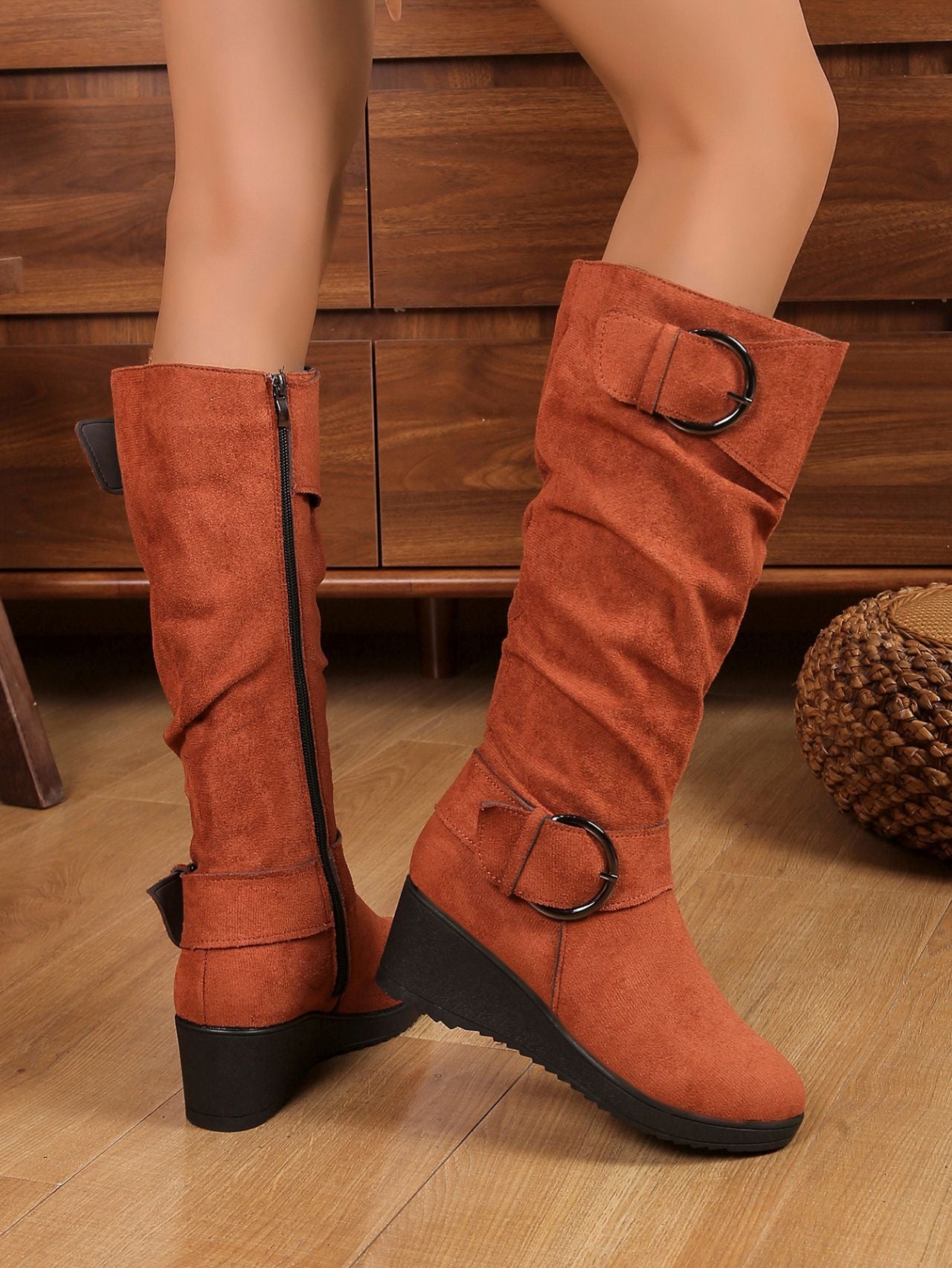 Buckle Side Zipper Suede Platform Wedge Boot
