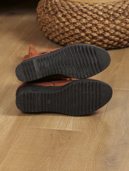 Buckle Side Zipper Suede Platform Wedge Boot