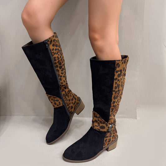 Leopard Print Buckled Design Chunky Heel Roomy Knee Boot