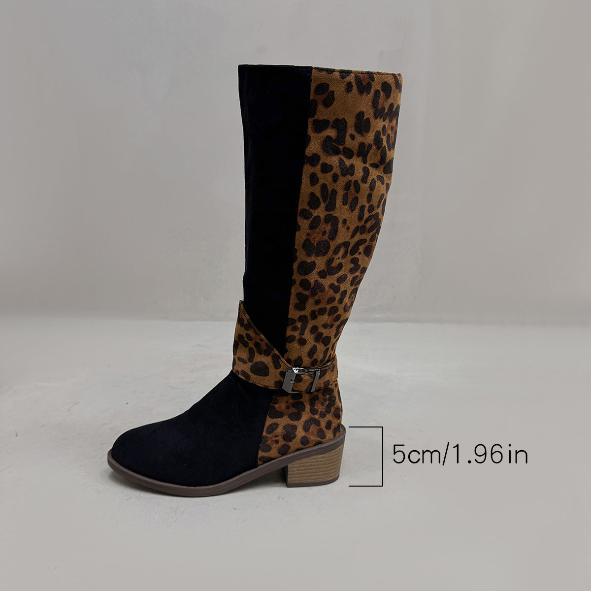 Leopard Print Buckled Design Chunky Heel Roomy Knee Boot