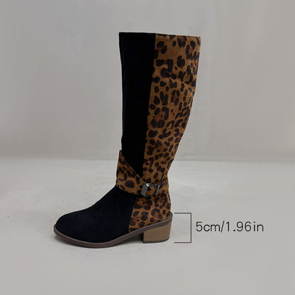 Leopard Print Buckled Design Chunky Heel Roomy Knee Boot