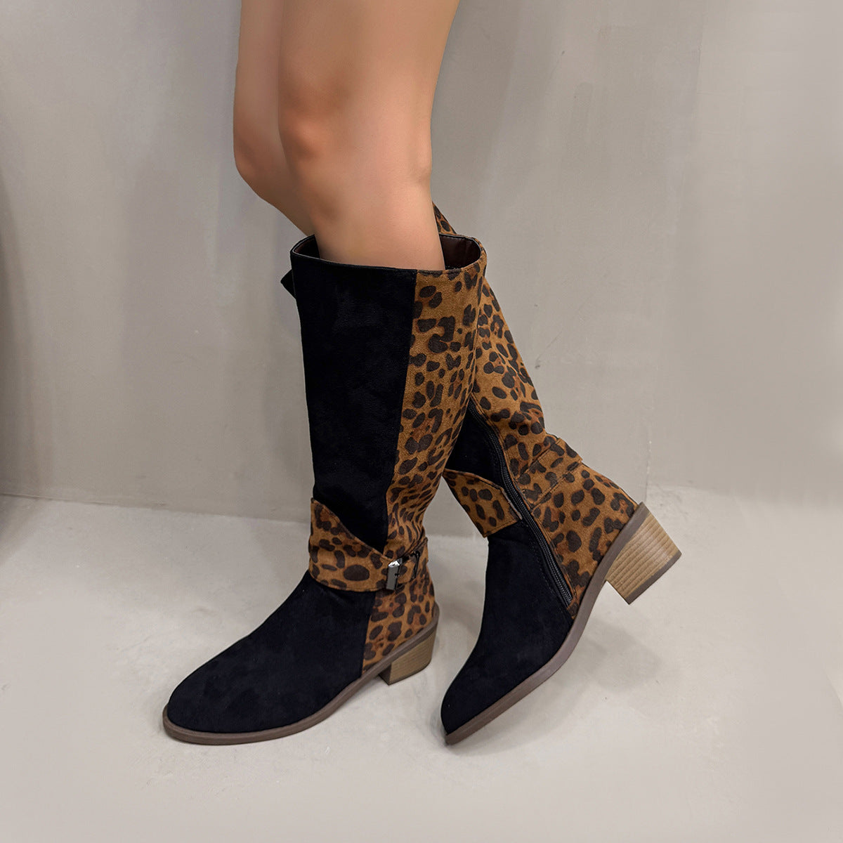 Leopard Print Buckled Design Chunky Heel Roomy Knee Boot