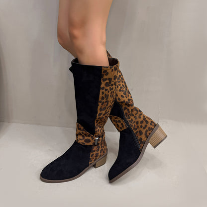 Leopard Print Buckled Design Chunky Heel Roomy Knee Boot
