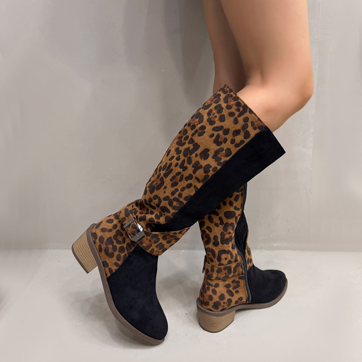 Leopard Print Buckled Design Chunky Heel Roomy Knee Boot
