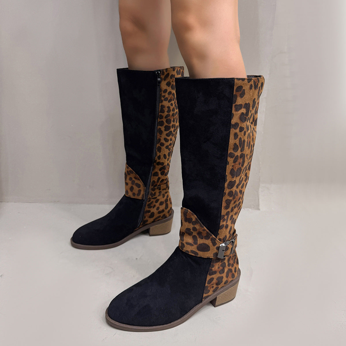 Leopard Print Buckled Design Chunky Heel Roomy Knee Boot
