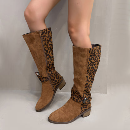 Leopard Print Buckled Design Chunky Heel Roomy Knee Boot