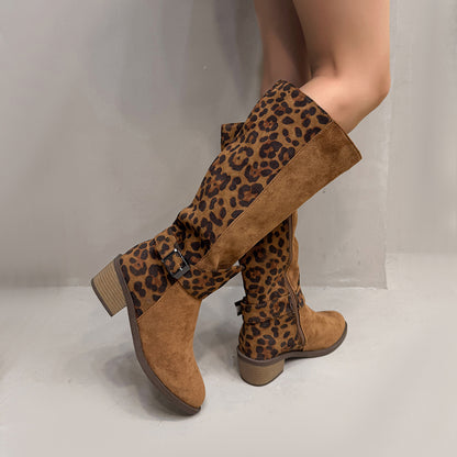 Leopard Print Buckled Design Chunky Heel Roomy Knee Boot